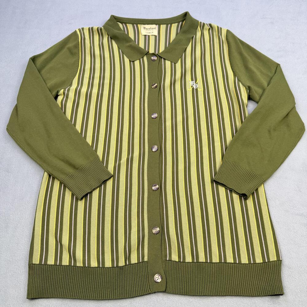 Barstool Golf Sweater Mens Large Green Striped Button Cardigan Collared Knit